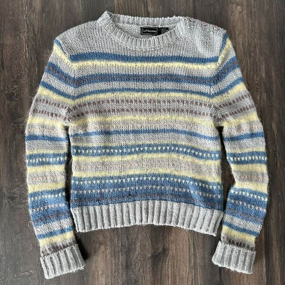 Vtg LeNouveau Knit Striped Sweater Pullover Angora Wool Blue Gry Fair Isle Large - Picture 1 of 5